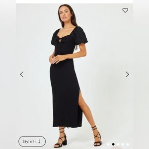 L*Space Chelsea Ribbed Dress XL Side Slit Poplin Puff Sleeves Tie Bust Coquette